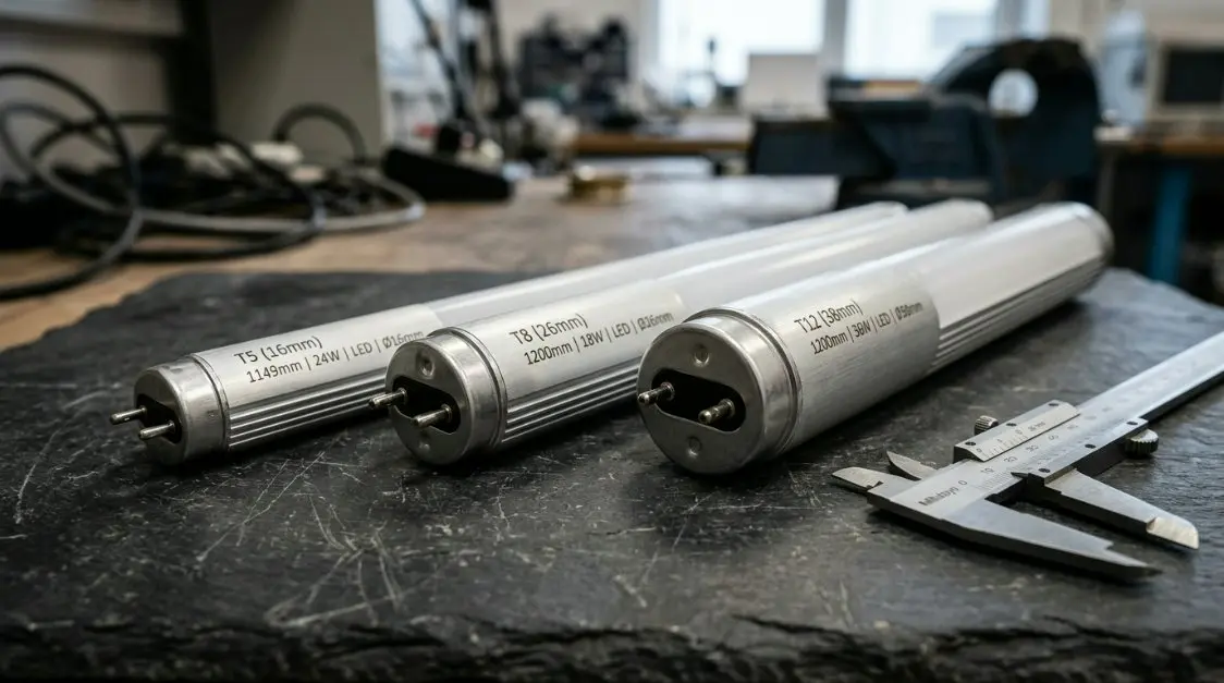 A technical comparison table showing the dimensions and specifications of T5, T8, and T12 LED tube housings.