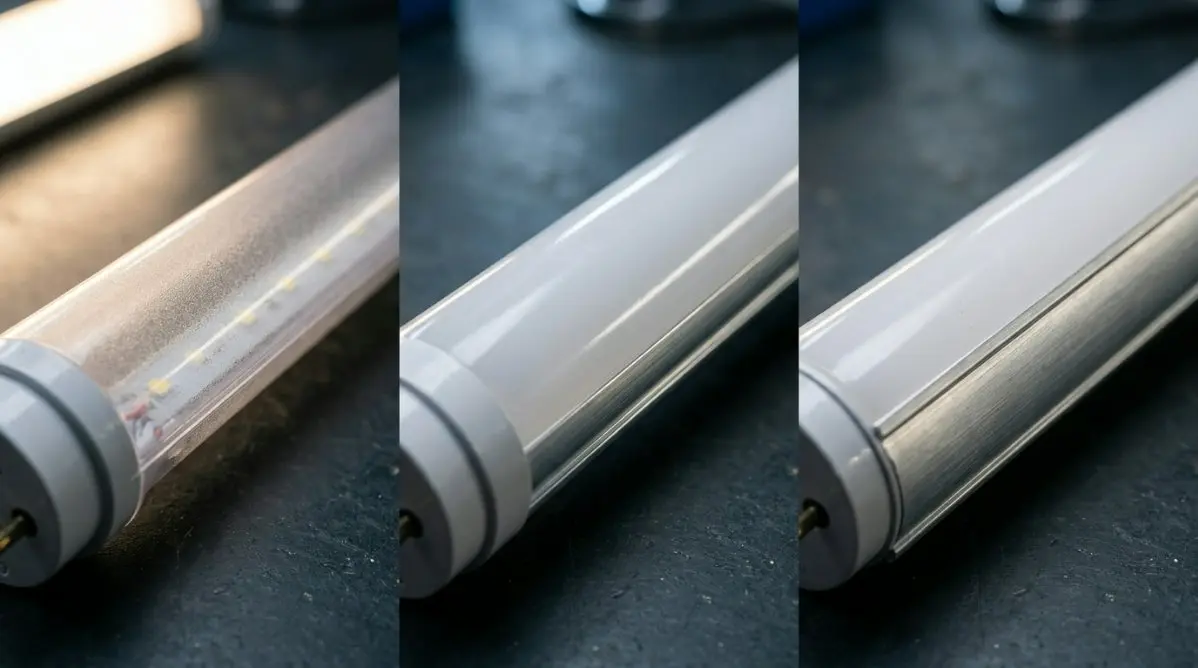 Detailed macro shot of different T8 LED tube housing types: full plastic, plastic-coated aluminum, and half-aluminum half-plastic.