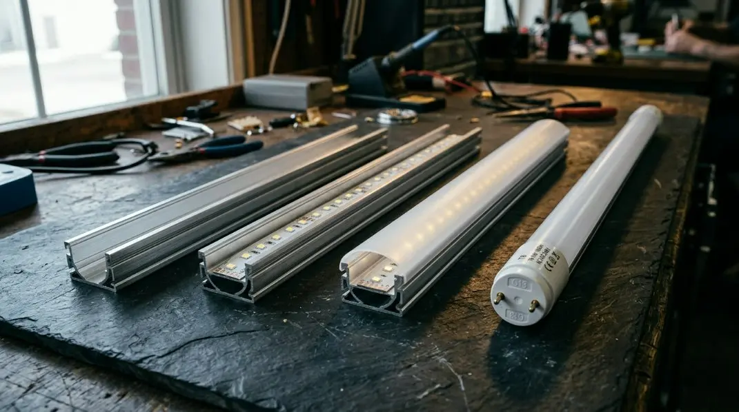 A technical diagram illustrating the 4-step assembly process of a T8 LED tube, focusing on the internal aluminum profile and end caps.